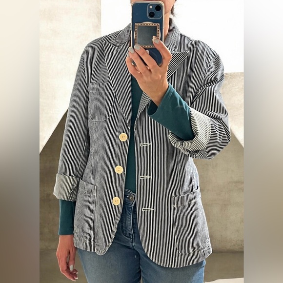 Jones New York Sport blue & white striped denim jacket 100% cotton. 3 pockets. L - Picture 3 of 13